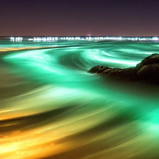 Prompt: bioluminescent waves, night time