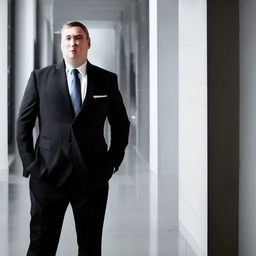 Image similar to clean - shaven chubby white man wearing white dress shirt, necktie, and dress trousers holding a black dress shoe. iq 4, f / 1. 4, iso 2 0 0, 1 / 1 6 0 s, 8 k, raw, dramatic lighting, symmetrical balance, in - frame