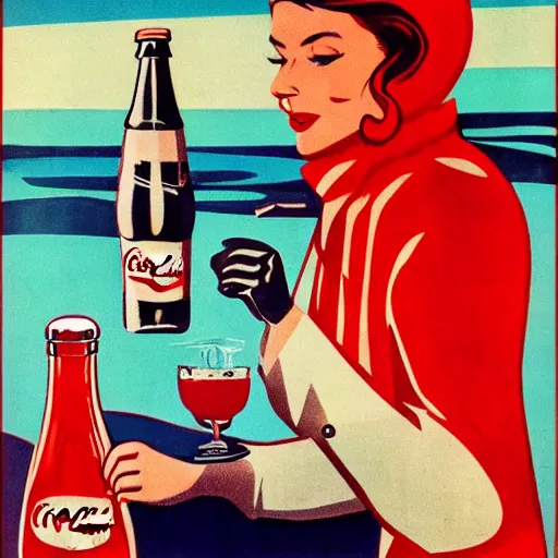 Image similar to a woman in a parka drinking a bottle of coke in an icy landscape, constructivist, russian, soviet advertisement, 1 9 5 0's