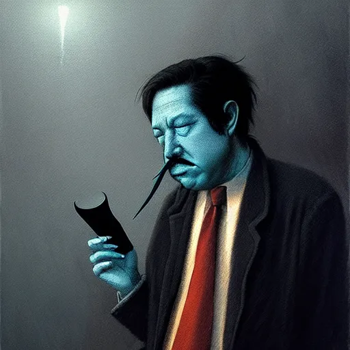 Image similar to concept portrait of bill hicks smoking, dark atmosphere, lovecraftian setting, lynchian atmosphere, film noir, concept art, art by kuvshinov ilya and zdislav beksinski and wayne barlowe