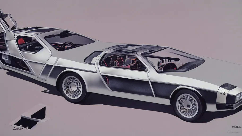 Prompt: 1955 DeLorean as designed by Ford concept by Syd Mead, catalog print