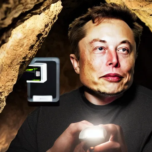 Image similar to Elon musk sitting in a dark cave eating batteries out of his flashlight, photorealistic