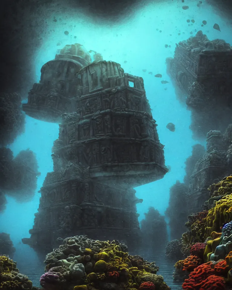 Image similar to full color, wide shot, submerged pre - incan temple, dark, underwater, symmetrical, bubbles, abyss, grenada underwater sculpture park, anime style mixed with fujifilm, detailed gouache paintings, stylized, dark, murky, foggy, atmospheric, artstation, cgsociety, octane render, cgi, unreal engine 5, denoise, cinematic masterpiece