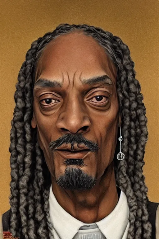 Image similar to ultra realistic snoop dogg as Gandalf, face portrait in the style of grant wood