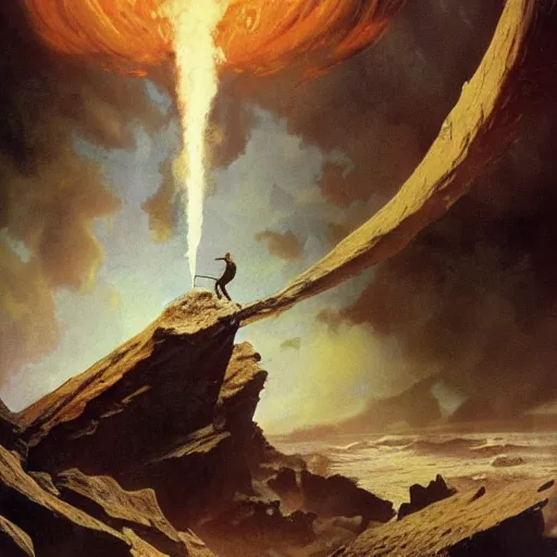 Image similar to a seahorse made of wood, 8 k resolution matte painting by frazetta and john howe, trending on artstation a boy looks into a futuristic spaceship that explodes with electricity of cosmic density andredo, 8