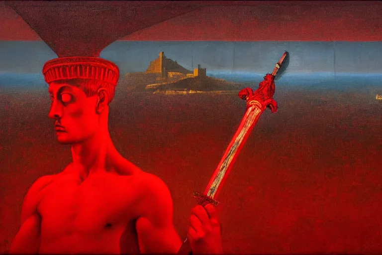 Image similar to only with red, a red melted apollo with a laurel wreath and a flaming sword announce the win, athens in the background, in the style of beksinski, part by hopper, part by rodcenko, part by hofbauer, intricate composition, red by caravaggio, insanely quality, highly detailed, masterpiece, red light, artstation