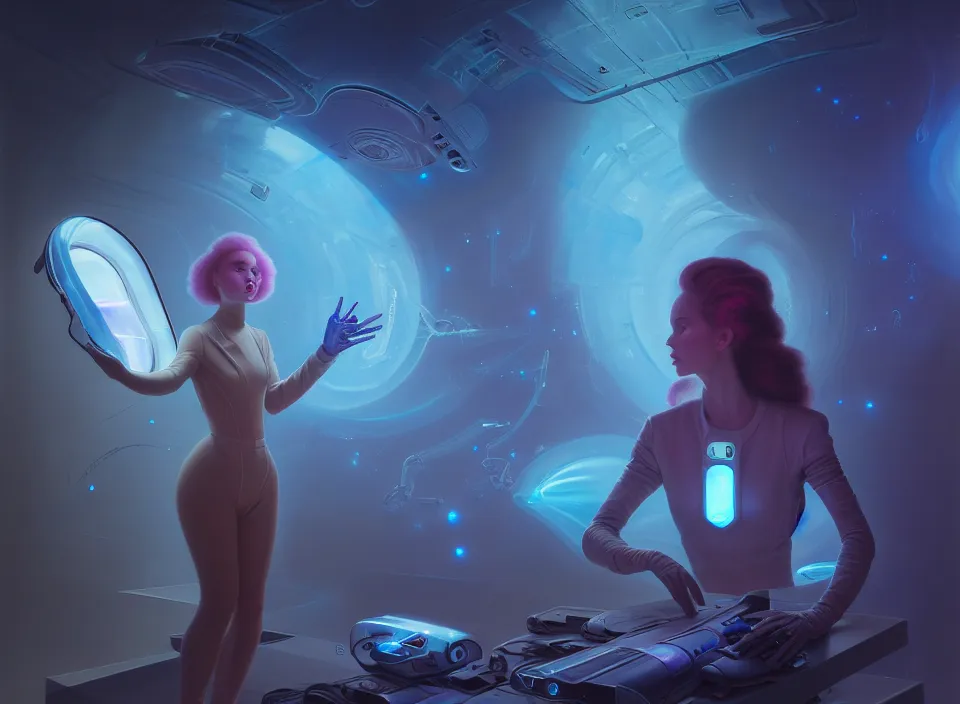 Prompt: beauty young space woman analysing in a hologram with alien artifacts, electrical case display, 80s Aliens tech, ultrarealistic, dramatic lighting, electrical details, high details, 4k, 8k, best, accurate, trending on artstation, artstation, photorealism, ultrarealistic, digital painting, style of Peter Mohrbacher and Boris Vallejo and Wayne barlowe