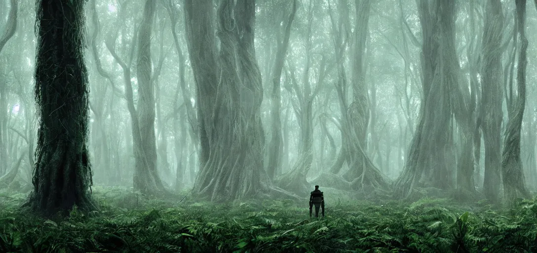 Prompt: a humans perspective of a complex organic fractal 3 d metallic symbiotic ceramic humanoid megastructure creature in a swampy lush forest, foggy, cinematic shot, photo still from movie by denis villeneuve