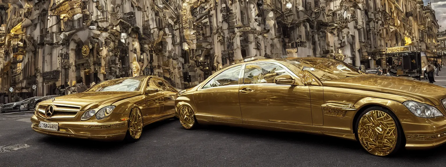 Image similar to photography a very luxurious, golden mercedes studded with diamonds, premium,