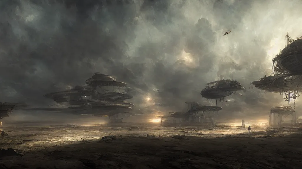 Image similar to landing in the abandoned space port, andreas achenbach, artgerm, mikko lagerstedt, zack snyder, tokujin yoshioka