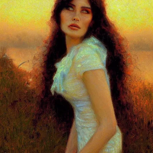 Prompt: elegant woman by the river, sunset, detailed face, correct face, painting by Gaston Bussiere, Craig Mullins