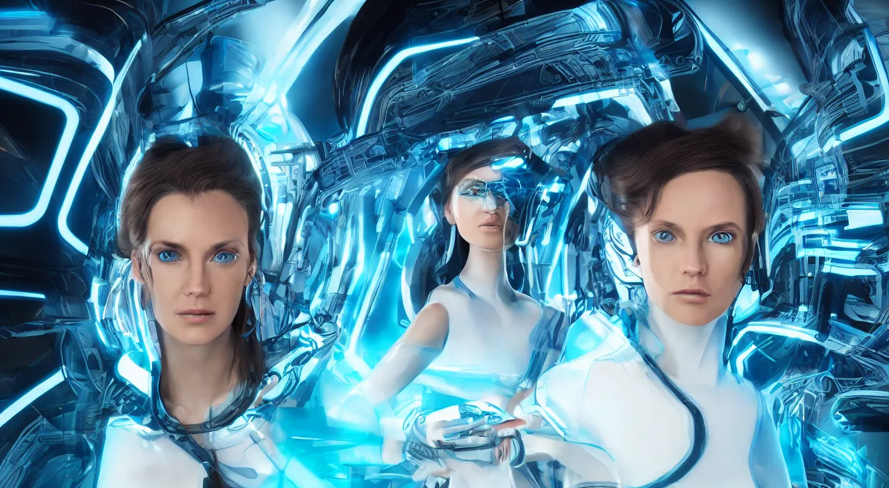 Prompt: portrait of a woman wearing futuristic vr clothing with an expressive gorgeous face, flowing hair, blue eyes, in background vibrant parametric landscape from tron, ultra realistic, concept art, intricate details, highly detailed, photorealistic, raytracing, global illumination, octane render, 8 k