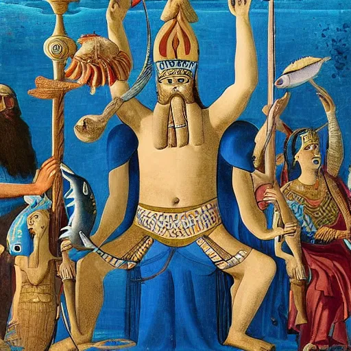 Image similar to The performance art shows a mythological scene. A large, bearded man is shown seated on a throne, surrounded by sea creatures. He has a trident in one hand and a shield in the other. Behind him is a large fish, and in front of him are two smaller creatures. Ancient Egyptian, azure by John Wilhelm, by William Gropper haunting