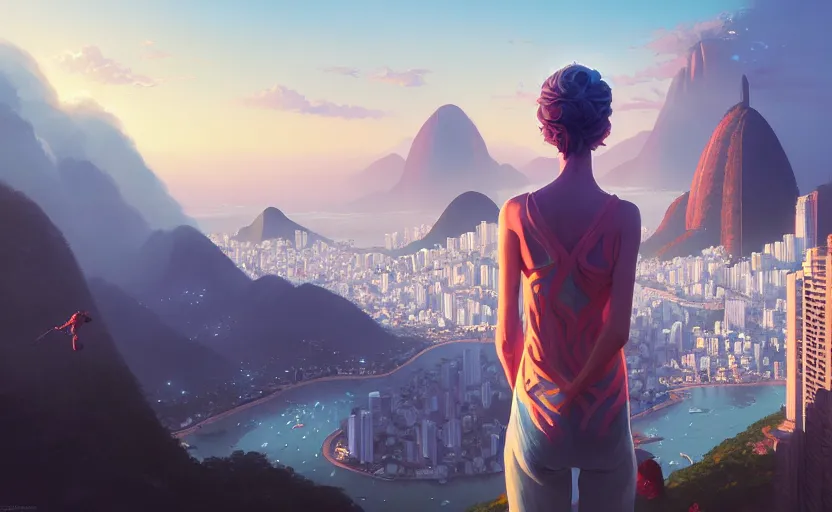 Image similar to highly detailed surreal vfx portrait of rio de janeiro, stephen bliss, unreal engine, greg rutkowski, loish, rhads, beeple, makoto shinkai and lois van baarle, ilya kuvshinov, rossdraws, tom bagshaw, global illumination, detailed and intricate environment