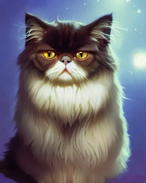 Image similar to highly detailed surreal vfx portrait of a persian cat, stephen bliss, unreal engine, greg rutkowski, loish, rhads, beeple, makoto shinkai and lois van baarle, ilya kuvshinov, rossdraws, tom bagshaw, alphonse mucha, global illumination, detailed and intricate environment