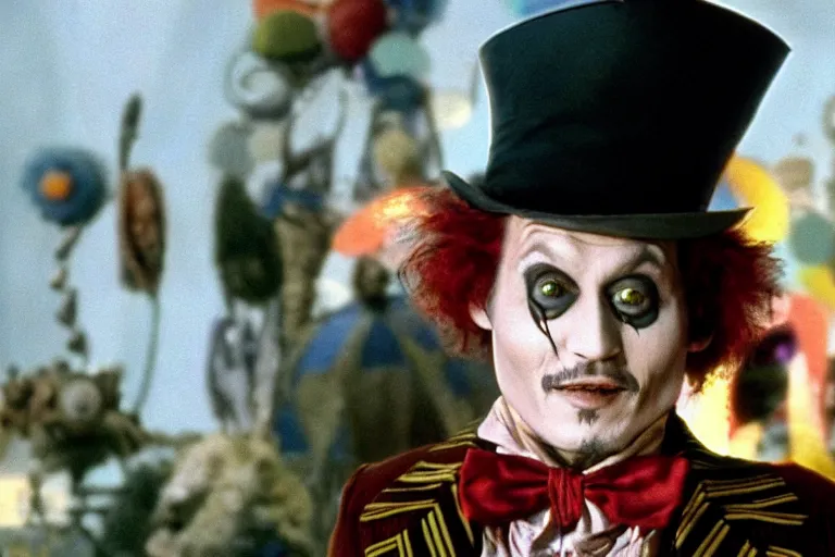Image similar to cinematic still of deranged johnny depp playing the mad hatter in willy wonka & the chocolate factory film directed by tim burton, movie still, long lens, shallow depth of field, bokeh, anamorphic lens flare