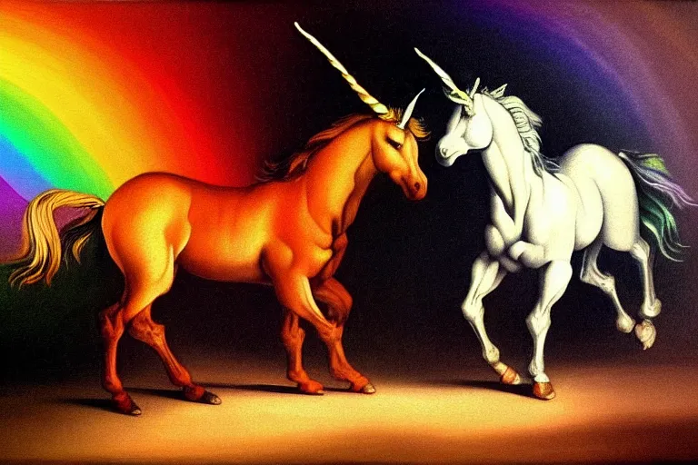 Image similar to detailed traditional painting of a unicorn walking on a rainbow, ((rainbow)) by Caravaggio, authentic, masterpiece, brush strokes, trending on artstation