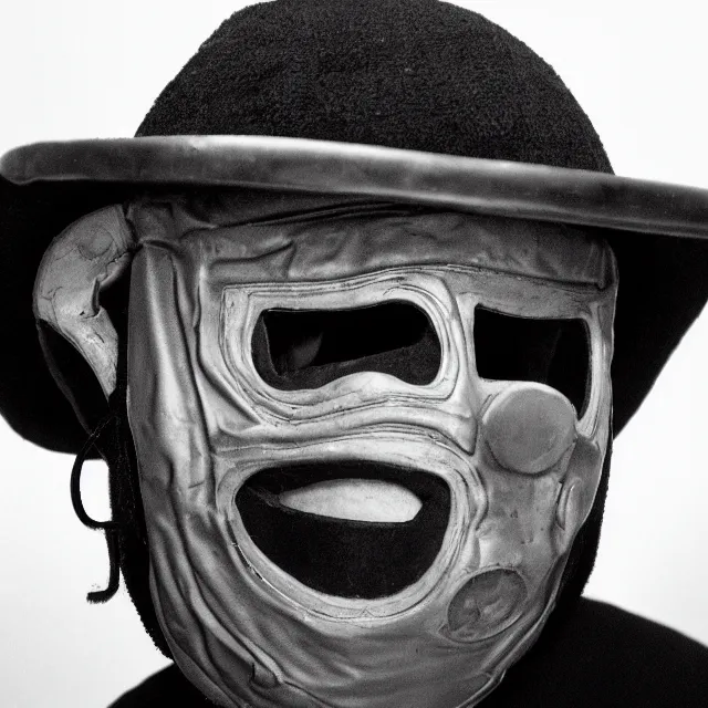 Prompt: a close-up black-and-white studio portrait of Roberto Bolaños Chaves El Chavo del Ocho wearing the MF Doom mask. Madvillain album cover