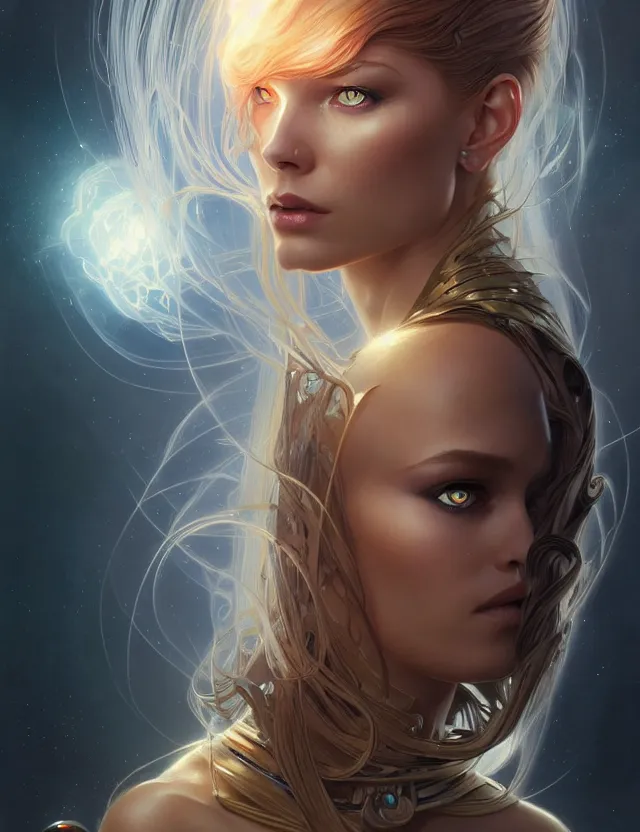 Image similar to futuristic woman portrait, sci-fi, amber eyes, face, long hair, fantasy, intricate, elegant, highly detailed, digital painting, artstation, concept art, smooth, sharp focus, illustration, art by artgerm and greg rutkowski and alphonse mucha