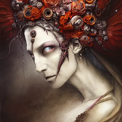 Image similar to a beautiful detailed 3d matte portrait of female empress of the dead, by ellen jewett, by tomasz alen kopera, by Justin Gerard, ominous, magical realism, texture, intricate, ornate, royally decorated, skull, skeleton, whirling smoke, embers, red adornements, red torn fabric, radiant colors, fantasy, volumetric lighting, high details