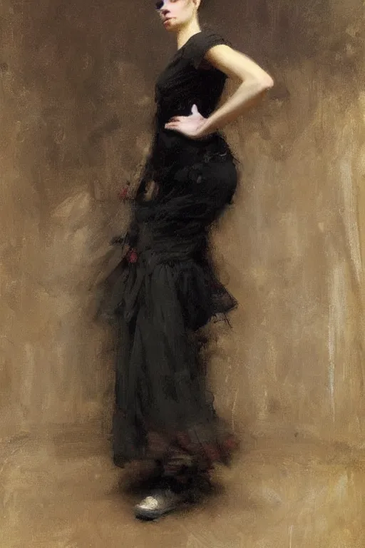 Image similar to Richard Schmid and Jeremy Lipking victorian genre painting full length portrait painting of a young beautiful woman dancer