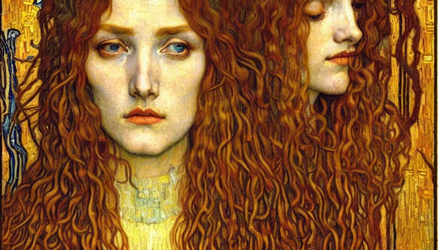 Image similar to detailed realistic beautiful young medieval queen face portrait by jean delville, gustav klimt and vincent van gogh, art nouveau, symbolist, visionary, gothic, pre - raphaelite, muted earthy colors, desaturated