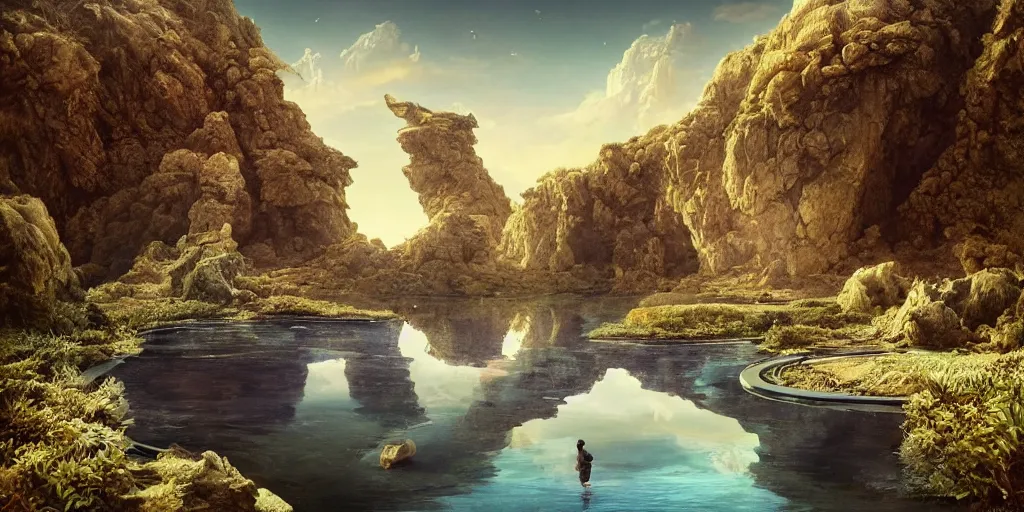 Image similar to artgem and Beeple masterpiece, hyperrealistic surrealism, scifi wide angle landscape, award winning masterpiece with incredible details, epic stunning, infinity pool, a surreal liminal space, highly detailed, trending on ArtStation, calming, meditative, surreal, sharp details, dreamscape, giant gold head statue ruins, crystal clear water