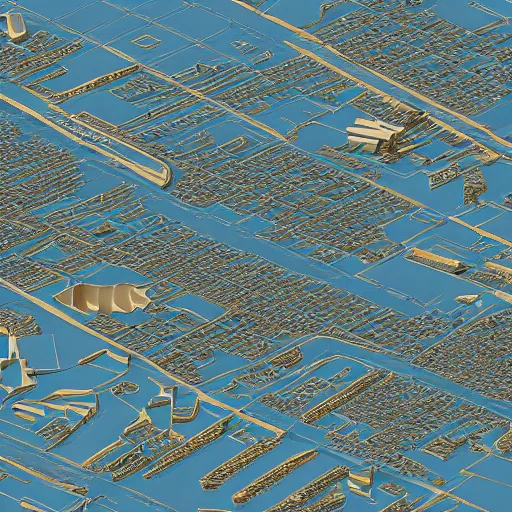 Image similar to blueprint of a city on a map axonometric exploded view, high detail, 8k, photorealistic