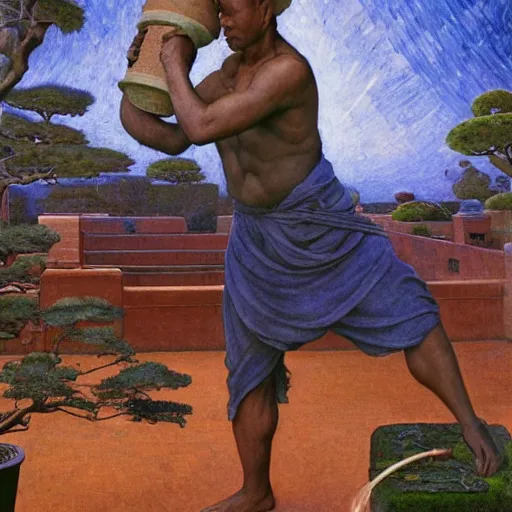 Image similar to Muscular African gardener cutting bonsai trees, grey Hair, idyllic Garden, by Annie Swynnerton and Nicholas Roerich and jean delville, glowing paper lanterns, strong dramatic cinematic lighting , ornate tiled architecture, lost civilizations, smooth, sharp focus, extremely detailed