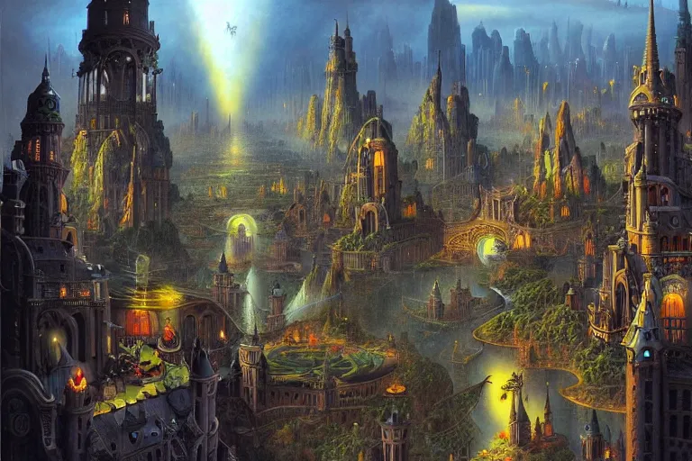 Prompt: a beautiful stunning insanely detailed fantasy matte painting of a magical mythical city buzzing with activity by Heironymous Bosch and Jim Burns