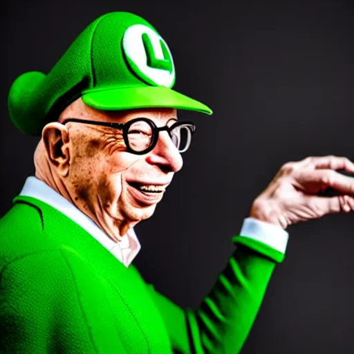 Image similar to uhd candid photo of hyperdetailed klaus schwab dressed as luigi. correct face, cinematic lighting, photo by annie leibowitz, and steve mccurry.