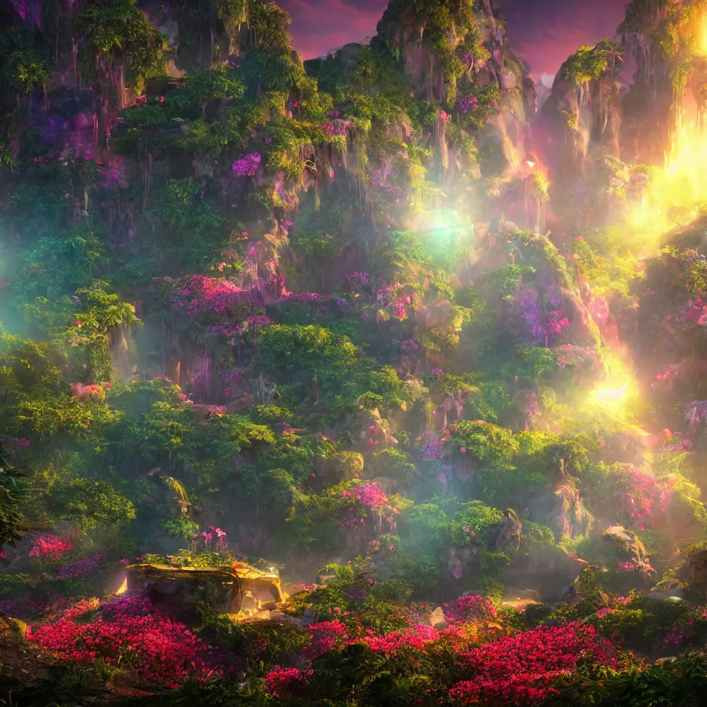 Image similar to a glowing crystal tetrahedron!!! in the middle of ancient ruins in a lush prehistoric jungle, inside a humongous cave, red and magenta flowers, sunset, godrays, orange sky, haze, waterfall, volumetric lighting, a beautiful and stunning digital render, photorealistic, unreal engine 5, ultra detail, trending on artstation