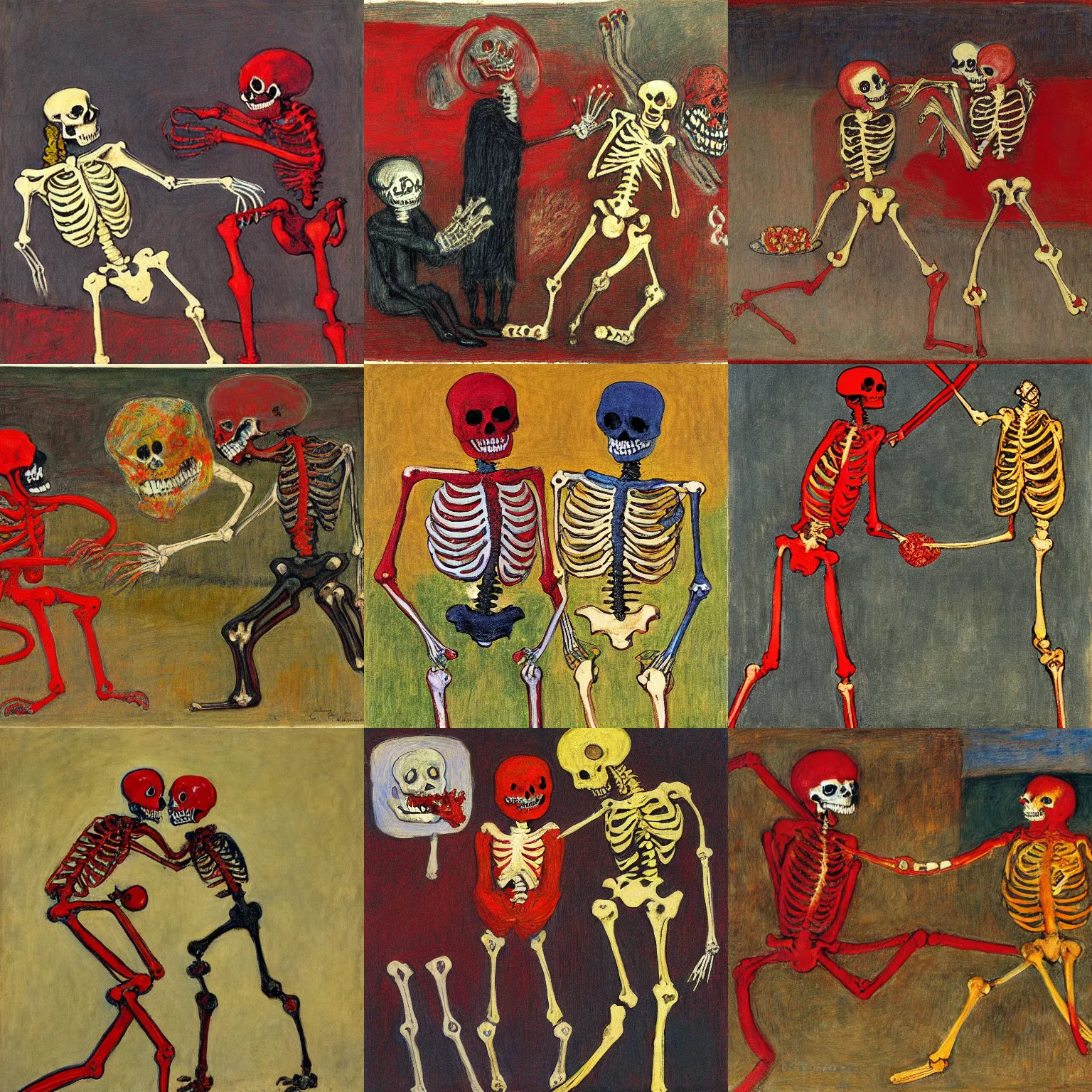 Prompt: skeleton and red man fighting over a worm - scone, artwork by james ensor and odlion redon