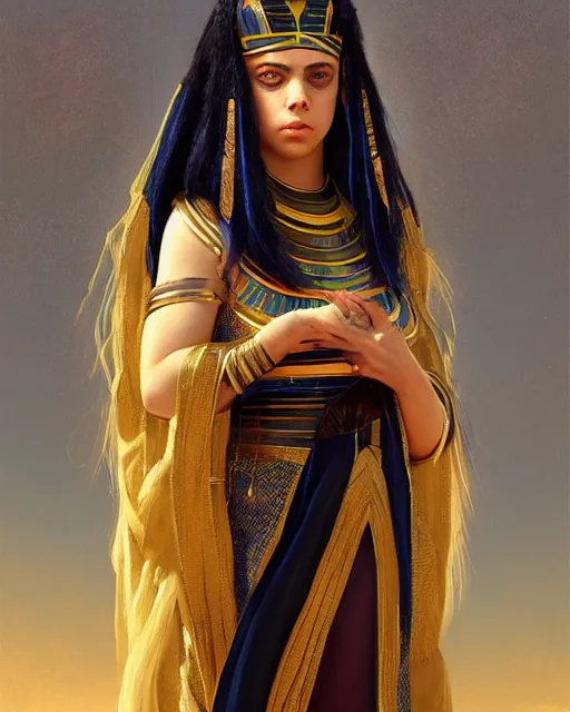 Prompt: Billie Eilish as a beautiful egyptian princess, gorgeous, portrait, Symmetrical, powerful, intricate, beautiful, masterpiece, elegant, volumetric lighting, highly detailed, artstation, sharp focus, no cropping, illustration, Jean-Leon Gerome , ruan jia