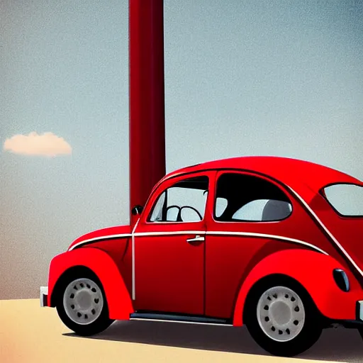 Image similar to red beetle car on top of a tall pole, digital art, photorealistic