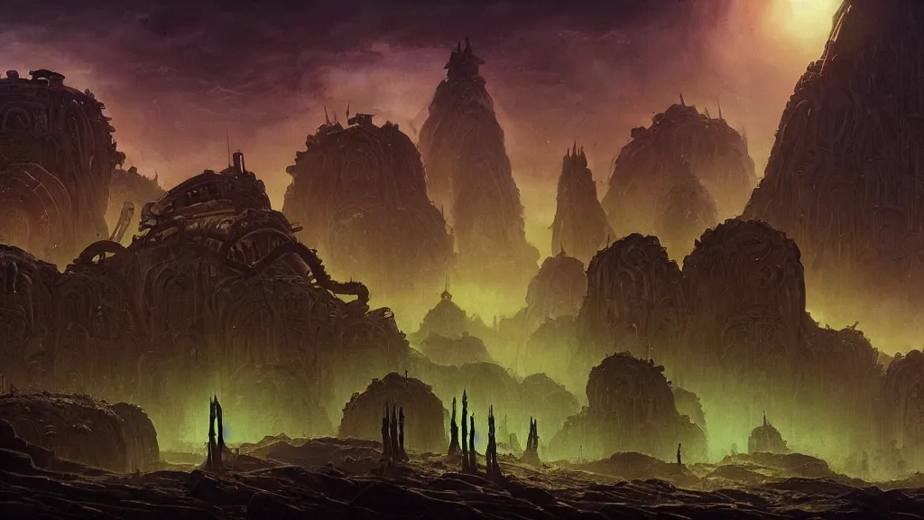 Image similar to eerie atmospheric alien planet with biomechanical plants and the ruins of civilization by les edwards and vincent di fate and anato finnstark, epic cinematic matte painting