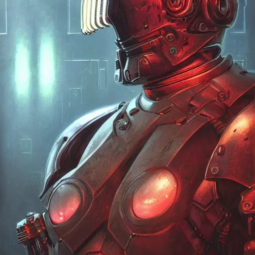 Image similar to the doomslayer with glowing armor as a realistic scifi cyberpunk knight, closeup portrait art by donato giancola and greg rutkowski, vintage retro scifi, realistic face, digital art, trending on artstation, symmetry!!