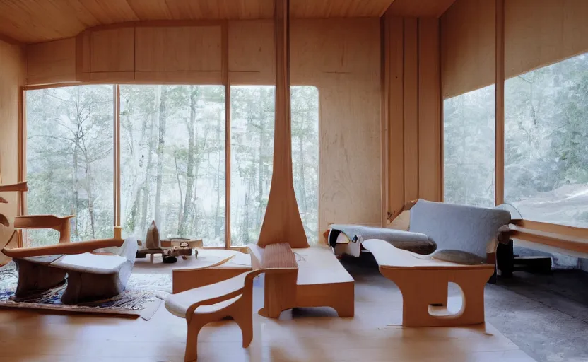 Image similar to luxurious wooden cottage by alvar aalto, modern Japanese living room, Japanese flower arrangements, coherent composition, architecturally accurate, architecture photography