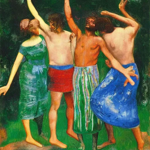 Image similar to 4 peoples dancing in the garden of eden, happy, painted by Asger Jorn, Peter Doig, minimalist oil paint with thick brushstrokes of paint, ultra detailed, realistic, 8k