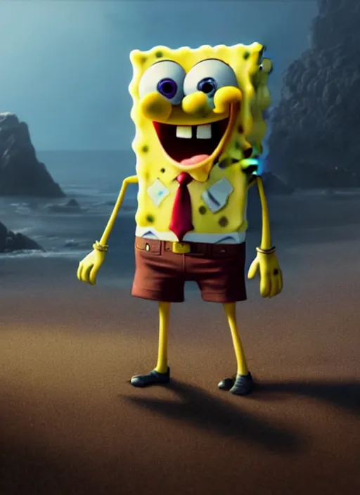 Image similar to spongebob with the face of samuel l jackson, digital art, fantasy art, octane render, unreal engine, high detail, very realistic, by greg rutkowski. by james gurney