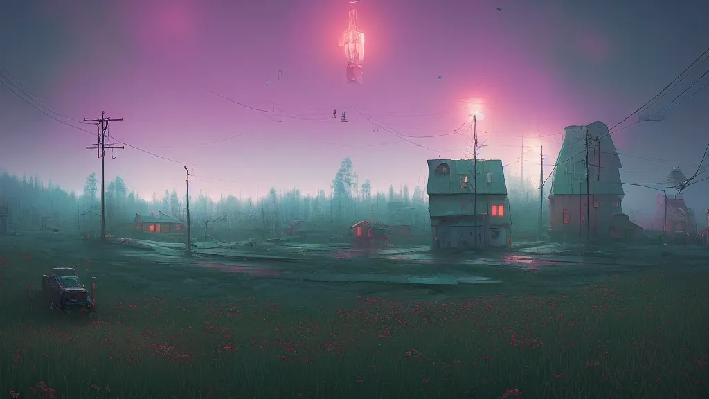 Prompt: gloomy russian village landscape by simon stalenhag, beeple, makoto shinkai, digital painting, fibonacci, trending on artstation, mandelbrot, beautiful, weird, cyberpunk, flowers, robot