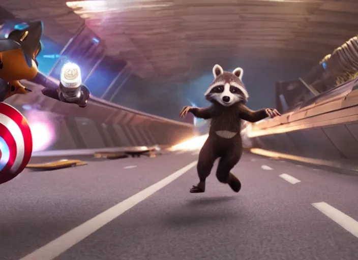 Image similar to film still of Rocket Racoon goes bowling in the new Avengers movie, 4k