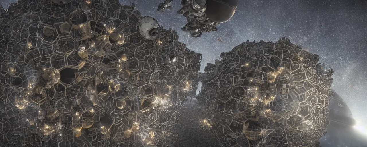 Image similar to movie still, brutalist wasp hive megastructure in space, unreal engine, octane render, detailed and intricate, global illumination, volumetric lighting, hubble telescope images, james webb telescope images, detailed and intricate environment