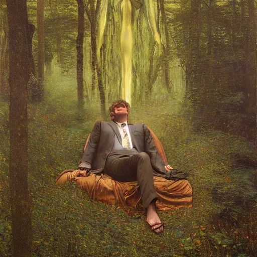 Prompt: detailed and oil painting, hyper realistic | cinematic lighting, award - winning | an unconscious businessman floating in the misty forest | by austin osman spare, by gustav klimt, by william waterhouse and tom bagshaw | trending on artstation, cgsociety, official art, octane.