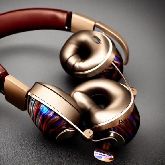 Image similar to masterpiece photo of beautiful crafted bismuth metal headphones, bismuth rainbow metal, bismuth cups, leather padding, displayed on mahogany desk, modernist headphones, bismuth headphones beautiful well designed, hyperrealistic, audiophile, intricate hyper detail, extreme high quality, photographic, meze audio, sennheiser, hifiman, artstation