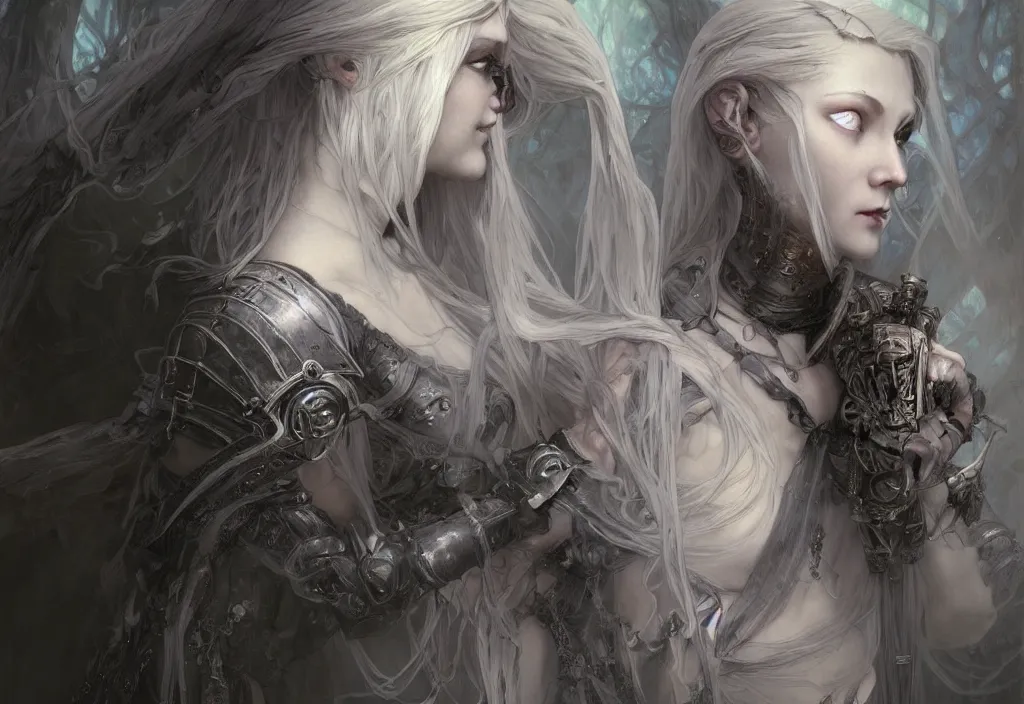 Prompt: beautiful and gothic and evil and dieselpunk young medieval light grey hair female knight + smoky eyes + front face with light flowing hair, ultradetail face, art and illustration by tian zi and craig mullins and wlop and alphonse mucha, fantasy, intricate complexity, human structure, human anatomy, fantasy character concept, watermark, blurry, hyperrealism 8 k