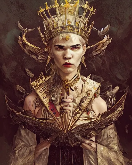 Image similar to grimes!! [ in a queens crown ]!!, wearing royal attire!!, digital art, d & d, tarot card, wiccan, oil painting, illustrated by greg rutkowski, max hay, rajmund kanelba, cgsociety contest winner