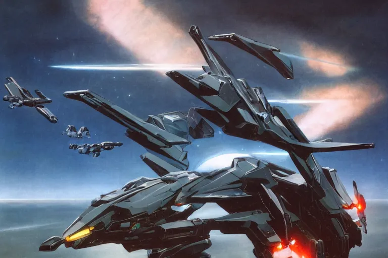 Prompt: a single mecha, lining up for a strafing run on the viewer, lonely against a vast space backdrop, glowing interior lighting, luminous scifi engine, sleek interceptor profile, pterodactyl mecha, pteranadon styling, smooth, john berkey white plastic panels, robotech styling, luminous cockpit, running lights, kanji insignia and numbering, Raymond Swanland and Jessica Rossier nebula like clouds in space background near a ringed gas giant, hyper detailed hyper detailed, 8k, ultra realistic, cinematic lighting, ultra wide 35mm lens, Boeing Concept Art, Lockheed concept art