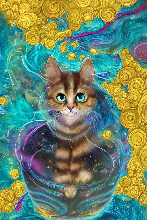 Image similar to Recursive image with a well rounded Calico feline, large eyes, shiny soft fur, anatomically correct, surrounded by swirling wisps of jelly, oil pastels and gold, anime, cartoon, in the style of Victo Ngai, modeled in Poser, Redshift render, UHD