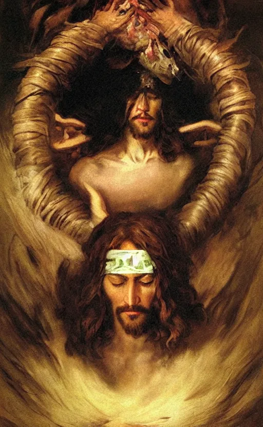 Image similar to jesus christ wearing blindfold!!!!! holding cornucopia!!!!!!! sitting on a huge!!!! throne of entwined bodies, elegant, ominous, highly detailed painting by goya!!! phil hale!! gaston bussiere, craig mullins, j. c. leyendecker, 8 k, mid shot